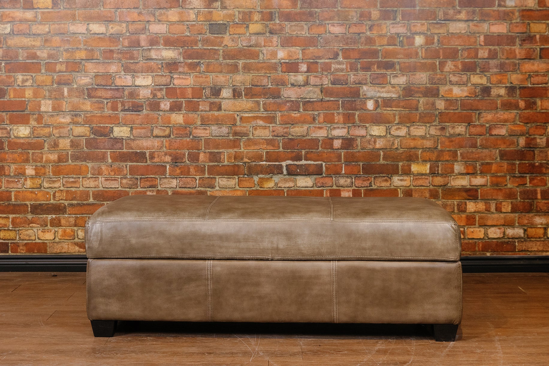 LARGE STORAGE OTTOMAN IN BURNISHED GREY TAUPE FLOOR MODEL
