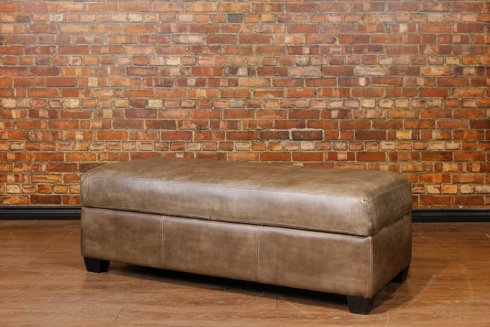 LARGE STORAGE OTTOMAN IN BURNISHED GREY TAUPE FLOOR MODEL