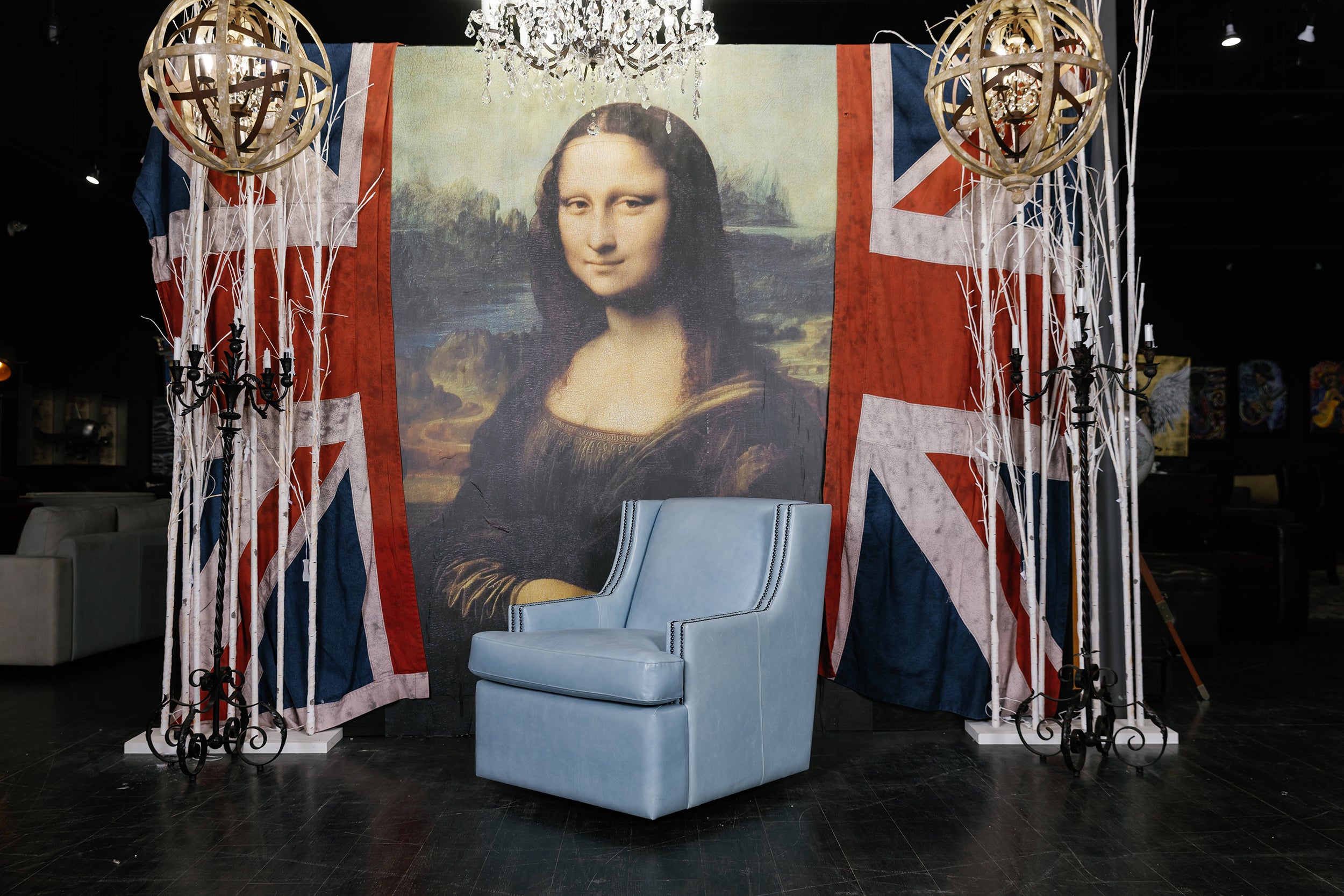 VIVIAN LEATHER SWIVEL ICE BLUE FLOOR MODEL CHAIR