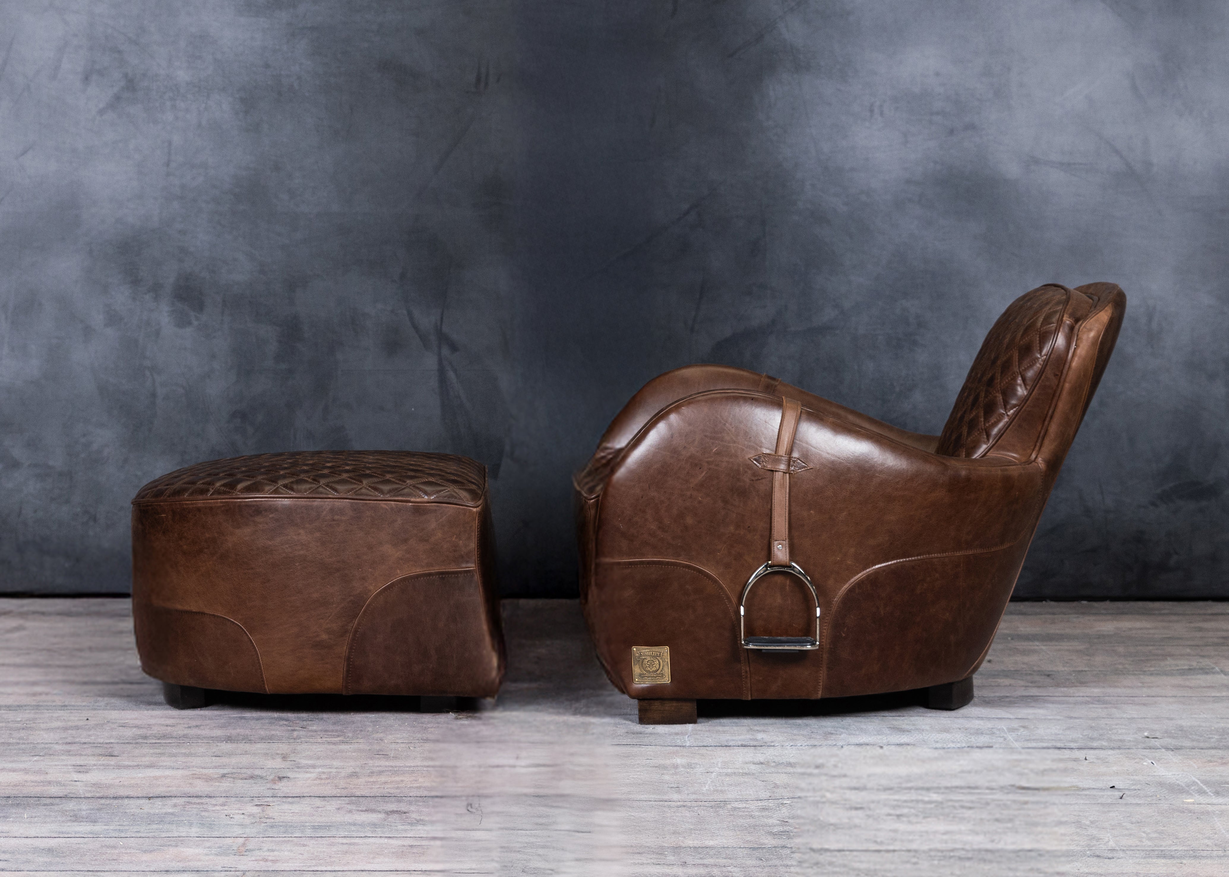 EQUESTRIAN LEATHER CHAIR AND OTTOMAN