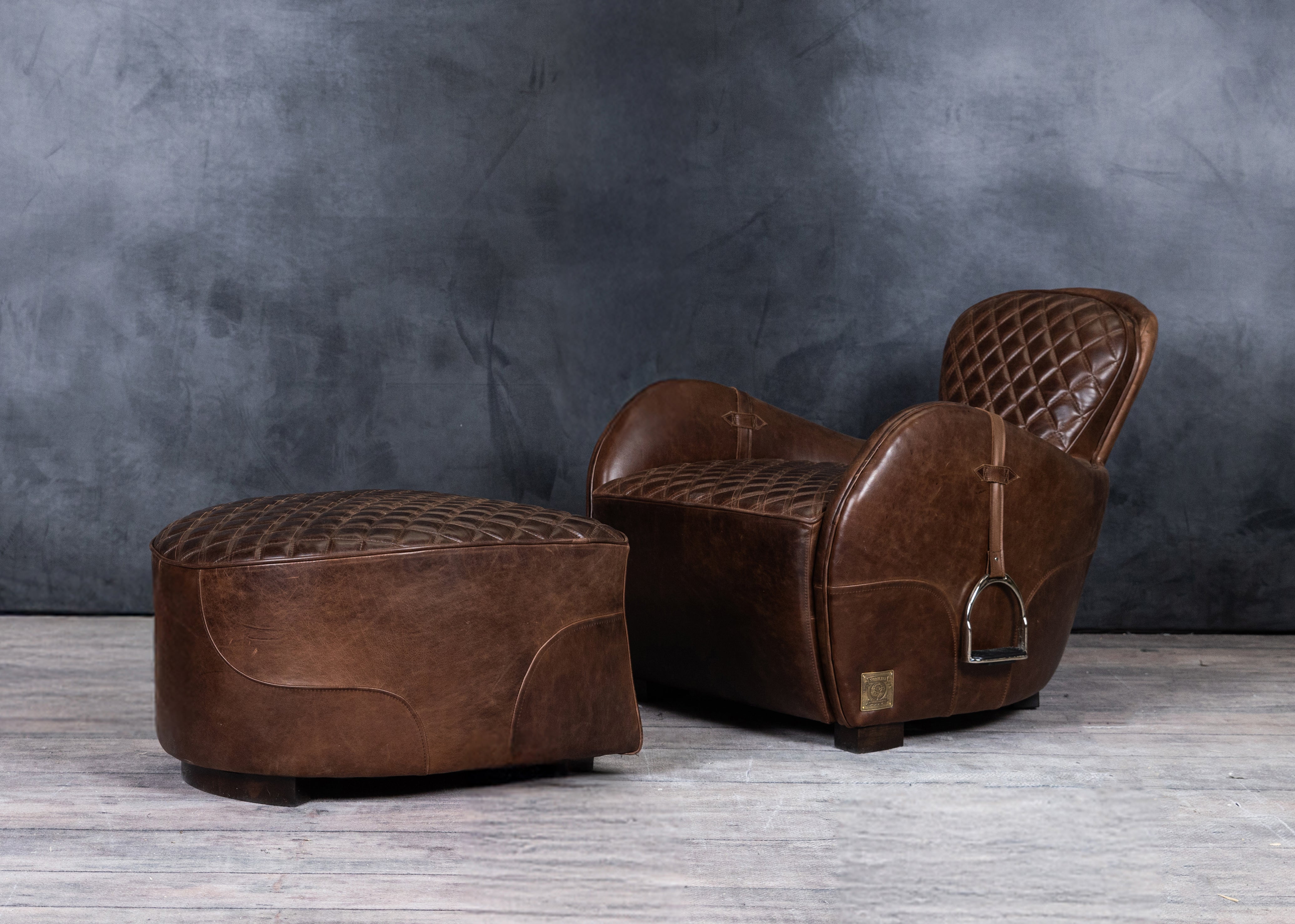 EQUESTRIAN LEATHER CHAIR AND OTTOMAN