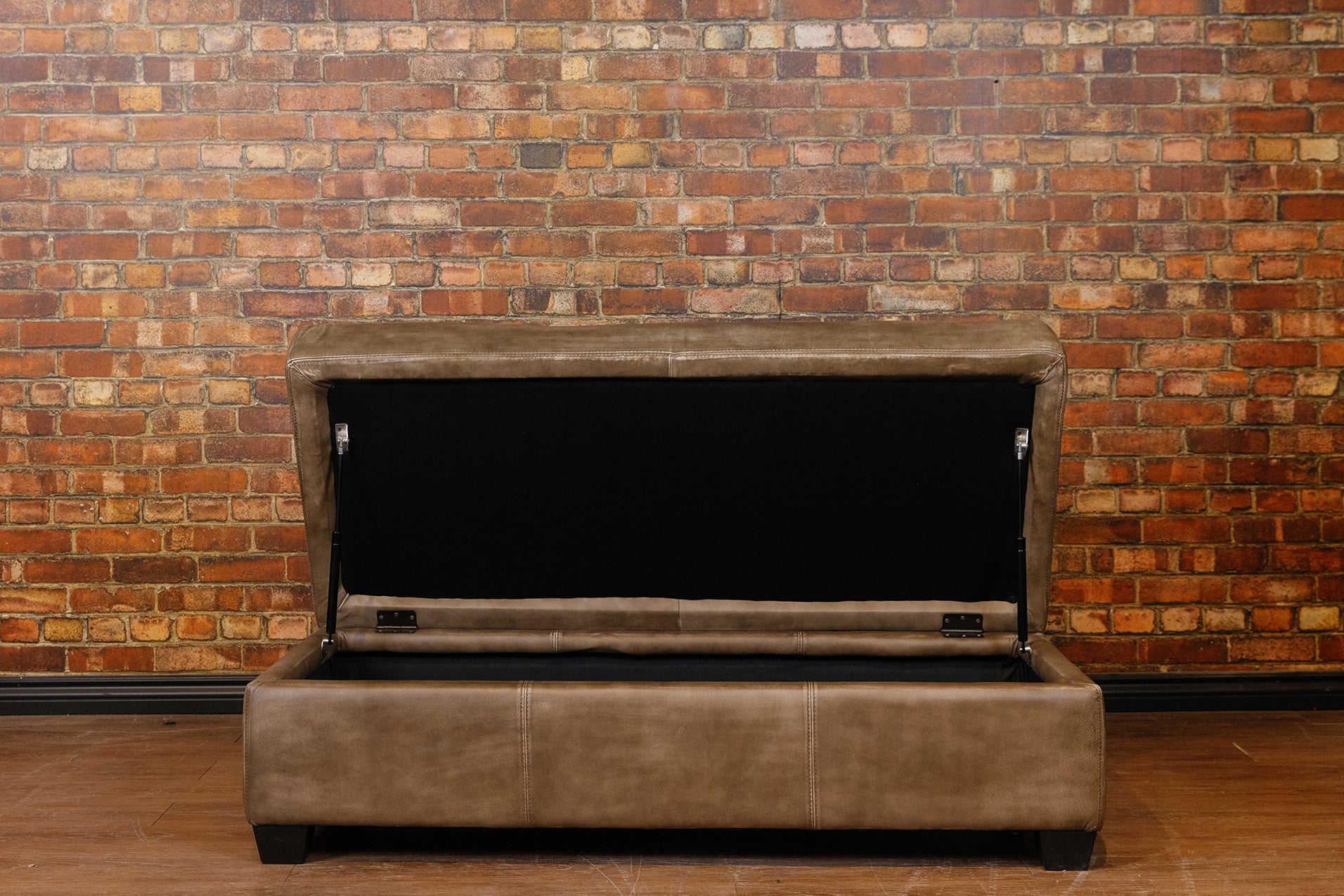 LARGE STORAGE OTTOMAN IN BURNISHED GREY TAUPE  FLOOR MODEL