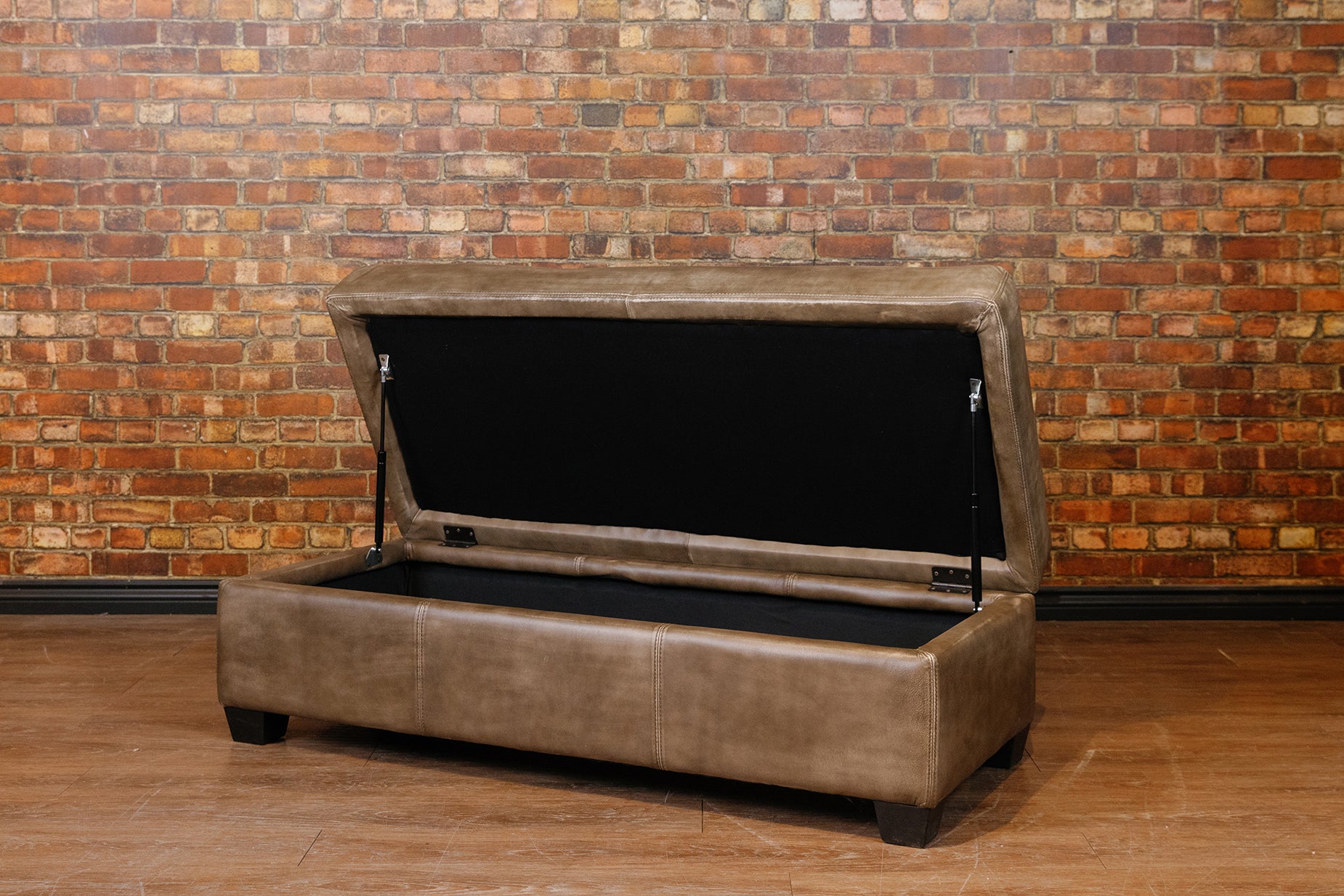 LARGE STORAGE OTTOMAN IN BURNISHED GREY TAUPE  FLOOR MODEL