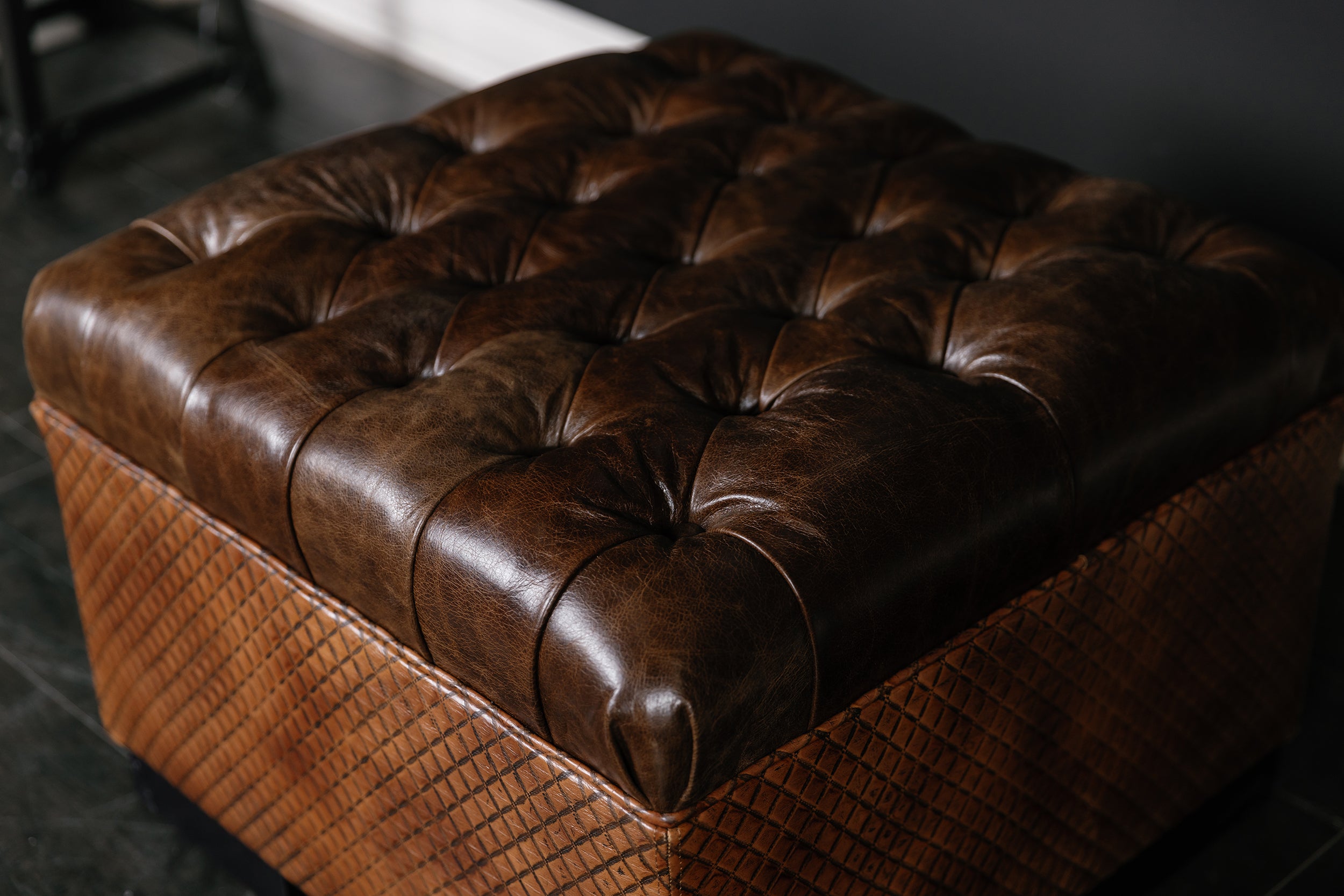 ALEXANDRE LEATHER TUFTED OTTOMAN FLOOR MODEL